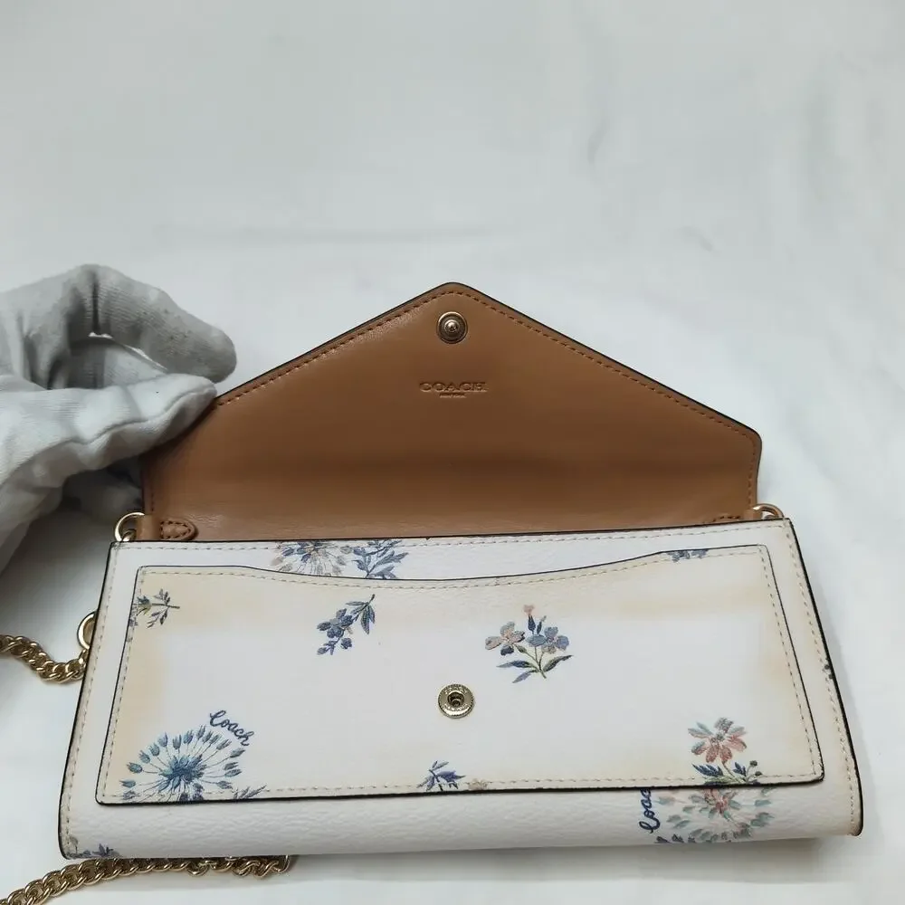 Coach White Leather Floral Flap Closure Crossbody Credit Card Wallet